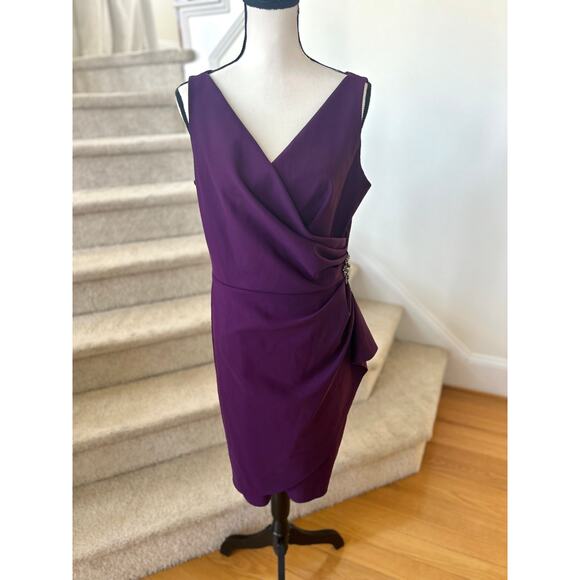 Alex Evenings Dark Purple Draped Embellished Sleeveless Sheath Dress - Picture 3 of 9